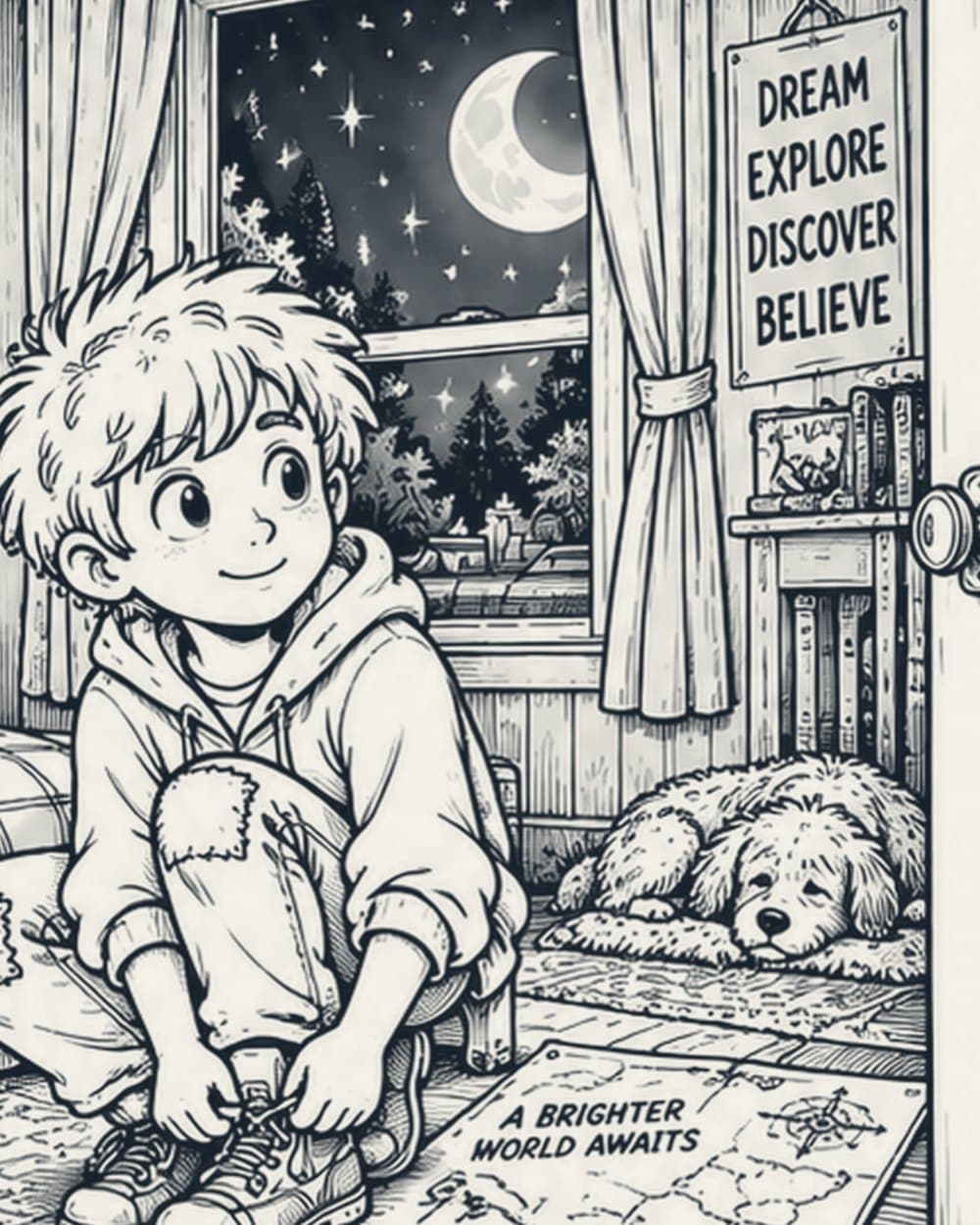 Illustration from An Unlikely Hero: Tom sits on his bed lacing his boots by moonlight, a map on the floor and his dog asleep beside him.