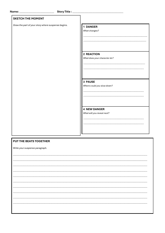 The suspense story planner, with space to sketch the moment and plan the scene.