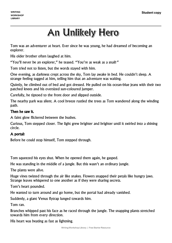 The first page of An Unlikely Hero, set as a student reading copy.