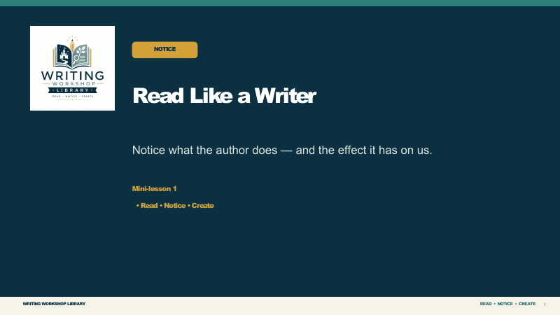 Title slide of the Read Like a Writer mini-lesson.