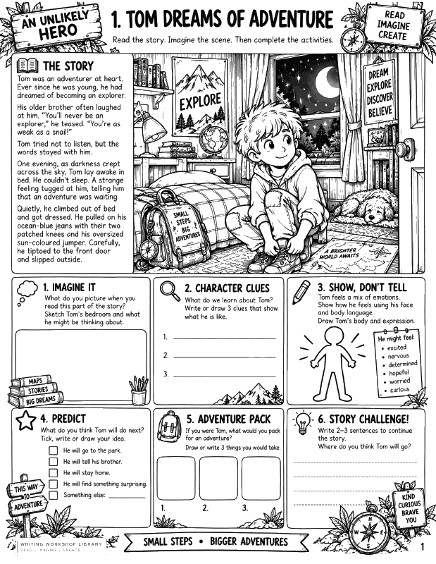 A page of activities from the An Unlikely Hero support resource.