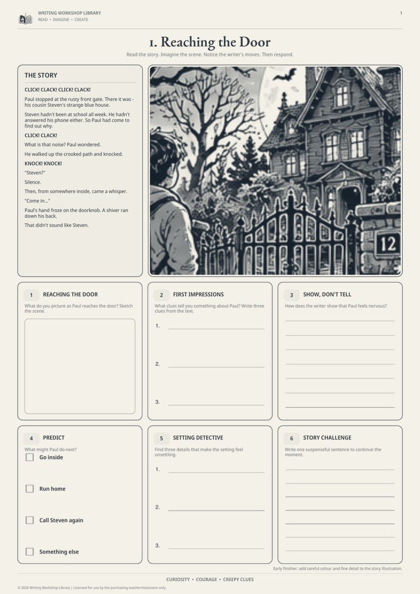 The first page of Come In, “Reaching the Door”: the story beside an illustration of a boy at the gate of a dark house, with six activity boxes underneath.